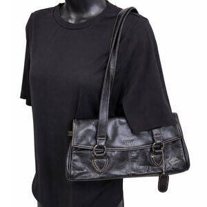 DIVERSO Y2K Italian Leather Shoulder Bag Purse 90s Retro Black Silver 12.5 x 6.5